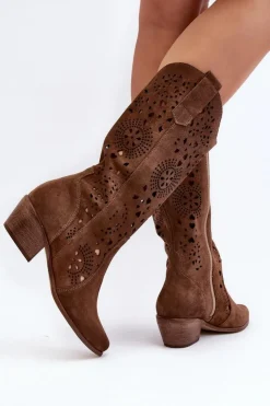 Damskie Boto Zazoo 3396 Zamszowe Ażurowe Kozaki Do Połowy Łydki Brązowe