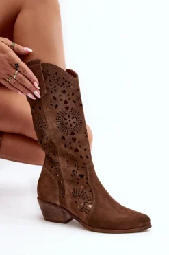 Damskie Boto Zazoo 3396 Zamszowe Ażurowe Kozaki Do Połowy Łydki Brązowe