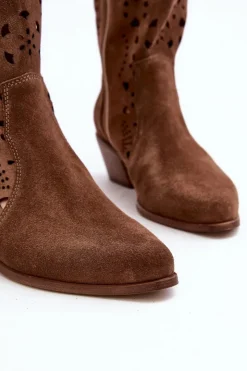Damskie Boto Zazoo 3396 Zamszowe Ażurowe Kozaki Do Połowy Łydki Brązowe