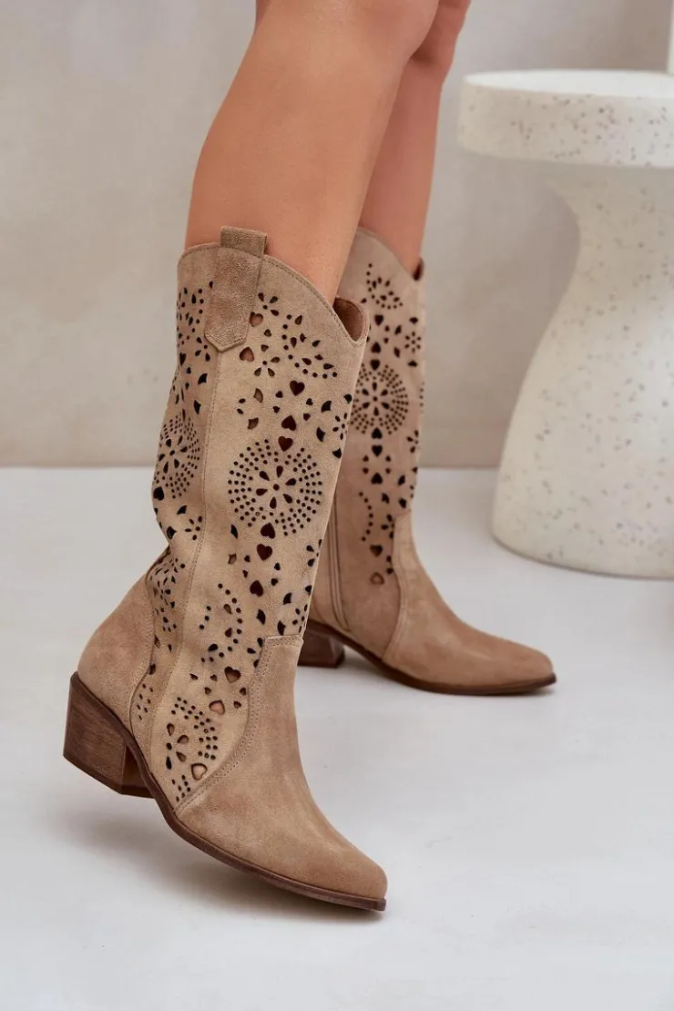 Discount Boto Zazoo 3396 Zamszowe Ażurowe Kozaki Do Połowy Łydki Beżowe
