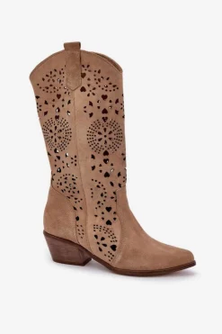 Discount Boto Zazoo 3396 Zamszowe Ażurowe Kozaki Do Połowy Łydki Beżowe