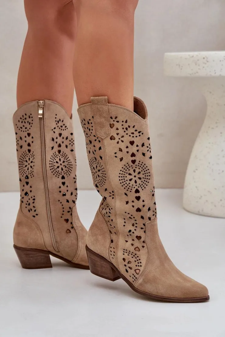Discount Boto Zazoo 3396 Zamszowe Ażurowe Kozaki Do Połowy Łydki Beżowe