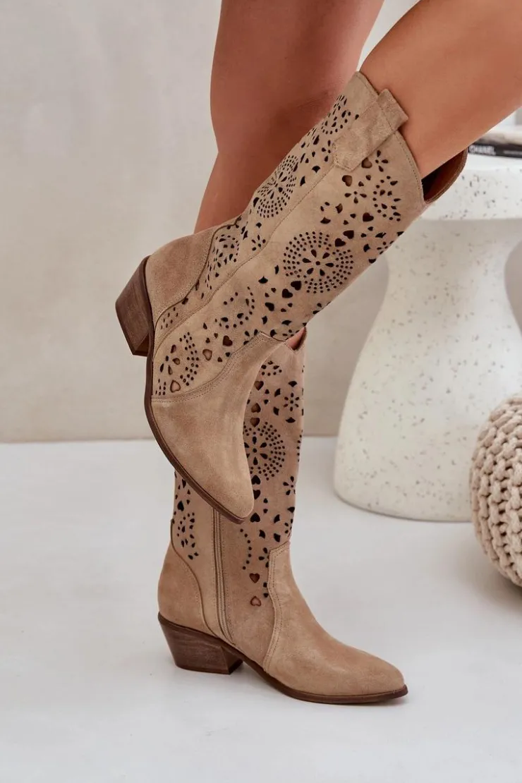 Discount Boto Zazoo 3396 Zamszowe Ażurowe Kozaki Do Połowy Łydki Beżowe