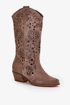 Boto Kozaki Wiosenne|Kozaki Ażurowe*Zazoo 3396 Zamszowe Ażurowe Kozaki Do Połowy Łydki Ciemnobeżowe