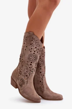 Boto Kozaki Wiosenne|Kozaki Ażurowe*Zazoo 3396 Zamszowe Ażurowe Kozaki Do Połowy Łydki Ciemnobeżowe