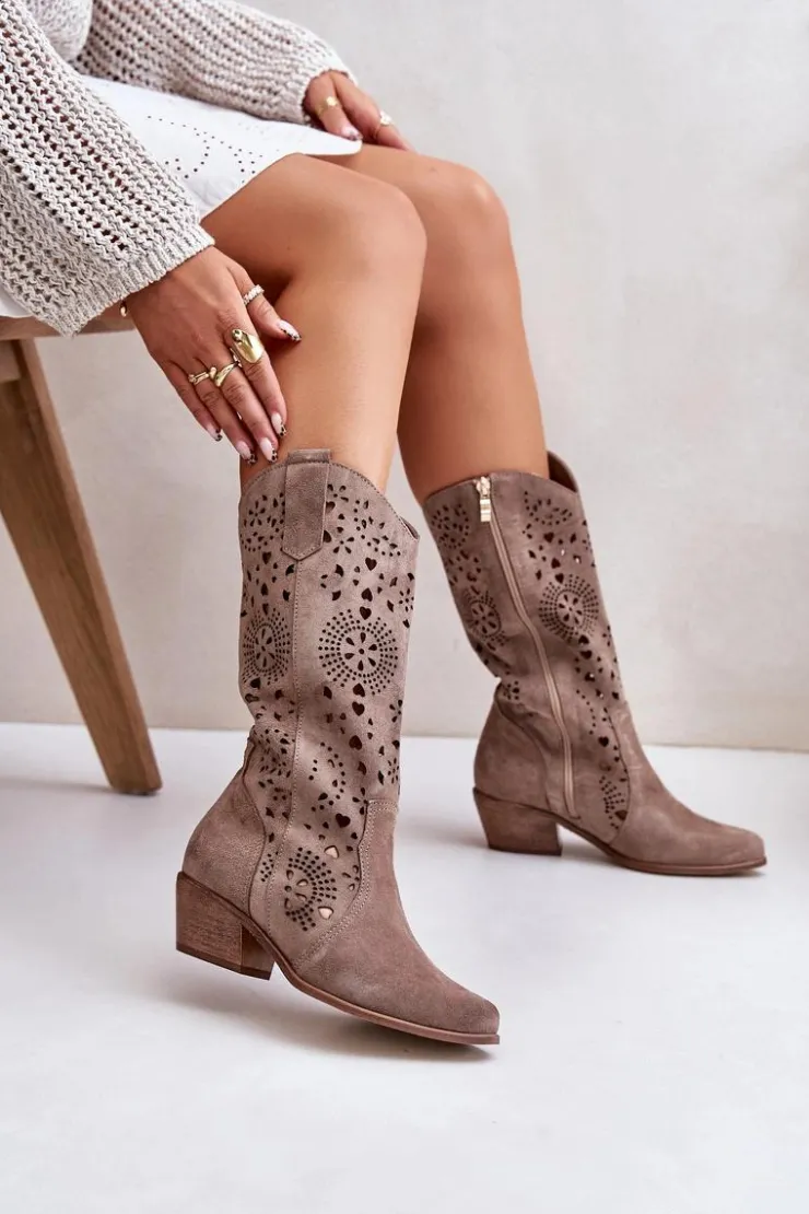 Boto Kozaki Wiosenne|Kozaki Ażurowe*Zazoo 3396 Zamszowe Ażurowe Kozaki Do Połowy Łydki Ciemnobeżowe