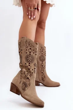 Sale Boto Zazoo 3396 Zamszowe Ażurowe Kozaki Do Połowy Łydki Jasnobeżowe