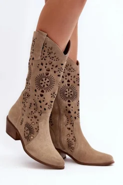 Sale Boto Zazoo 3396 Zamszowe Ażurowe Kozaki Do Połowy Łydki Jasnobeżowe