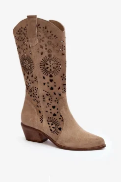 Sale Boto Zazoo 3396 Zamszowe Ażurowe Kozaki Do Połowy Łydki Jasnobeżowe