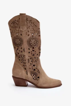 Sale Boto Zazoo 3396 Zamszowe Ażurowe Kozaki Do Połowy Łydki Jasnobeżowe