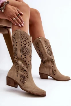 Sale Boto Zazoo 3396 Zamszowe Ażurowe Kozaki Do Połowy Łydki Jasnobeżowe