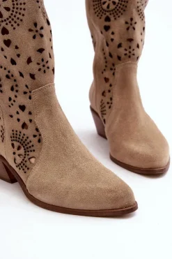 Sale Boto Zazoo 3396 Zamszowe Ażurowe Kozaki Do Połowy Łydki Jasnobeżowe