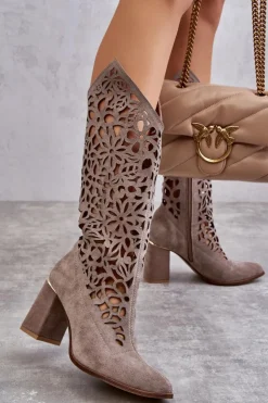 Damskie Zazoo 3234 Zamszowe Ażurowe Kozaki 3234 Cappuccino