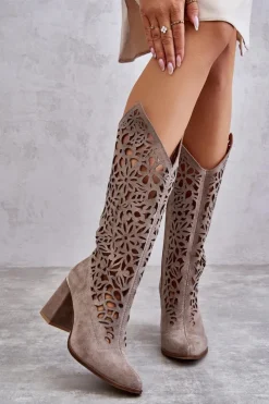 Damskie Zazoo 3234 Zamszowe Ażurowe Kozaki 3234 Cappuccino