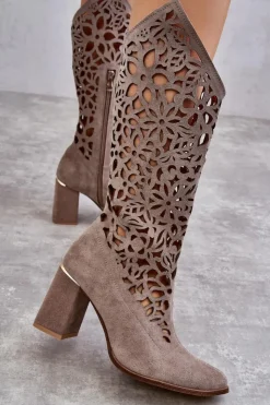 Damskie Zazoo 3234 Zamszowe Ażurowe Kozaki 3234 Cappuccino