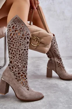 Damskie Zazoo 3234 Zamszowe Ażurowe Kozaki 3234 Cappuccino