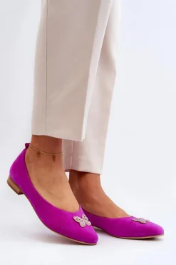 Damskie Zazoo 2887 Zamszowe Baleriny Z Ozdobnym Motylem Fuksja