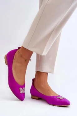 Damskie Zazoo 2887 Zamszowe Baleriny Z Ozdobnym Motylem Fuksja