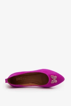 Damskie Zazoo 2887 Zamszowe Baleriny Z Ozdobnym Motylem Fuksja