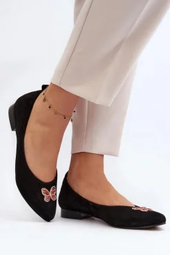 Outlet Zazoo 2887 Zamszowe Baleriny Z Ozdobnym Motylem Czarne Czarny