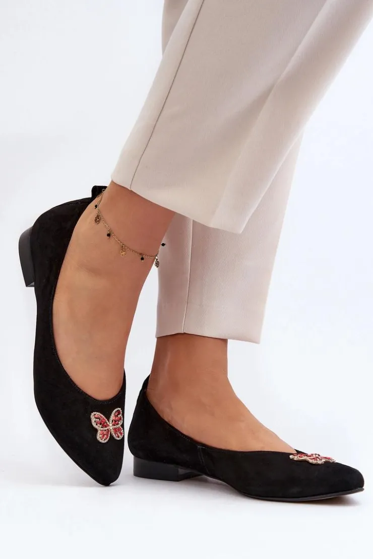Outlet Zazoo 2887 Zamszowe Baleriny Z Ozdobnym Motylem Czarne Czarny