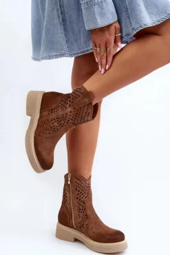 Zazoo Botki Wiosenne|Botki Ażurowe*3470 Zamszowe Botki Damskie Na Płaskim Obcasie Ażurowe Brązowe Brązowy