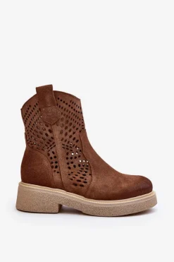 Zazoo Botki Wiosenne|Botki Ażurowe*3470 Zamszowe Botki Damskie Na Płaskim Obcasie Ażurowe Brązowe Brązowy