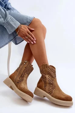 Online Zazoo 3470 Zamszowe Botki Damskie Na Płaskim Obcasie Ażurowe Beżowe Beżowy