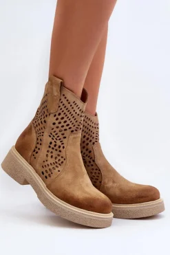 Online Zazoo 3470 Zamszowe Botki Damskie Na Płaskim Obcasie Ażurowe Beżowe Beżowy