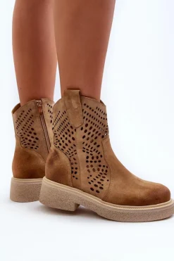 Online Zazoo 3470 Zamszowe Botki Damskie Na Płaskim Obcasie Ażurowe Beżowe Beżowy