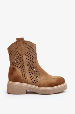 Online Zazoo 3470 Zamszowe Botki Damskie Na Płaskim Obcasie Ażurowe Beżowe Beżowy