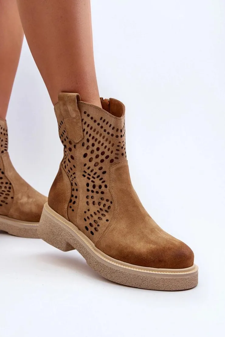 Online Zazoo 3470 Zamszowe Botki Damskie Na Płaskim Obcasie Ażurowe Beżowe Beżowy