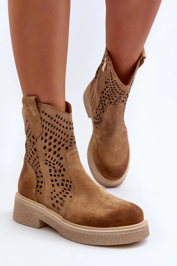 Online Zazoo 3470 Zamszowe Botki Damskie Na Płaskim Obcasie Ażurowe Beżowe Beżowy