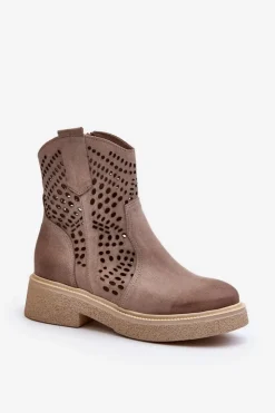 Hot Zazoo 3470 Zamszowe Botki Damskie Na Płaskim Obcasie Ażurowe Cappuccino