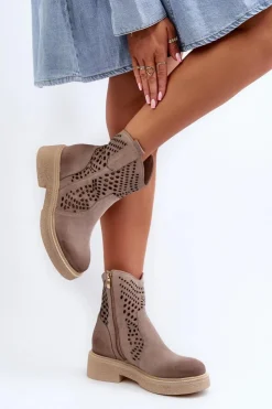 Hot Zazoo 3470 Zamszowe Botki Damskie Na Płaskim Obcasie Ażurowe Cappuccino