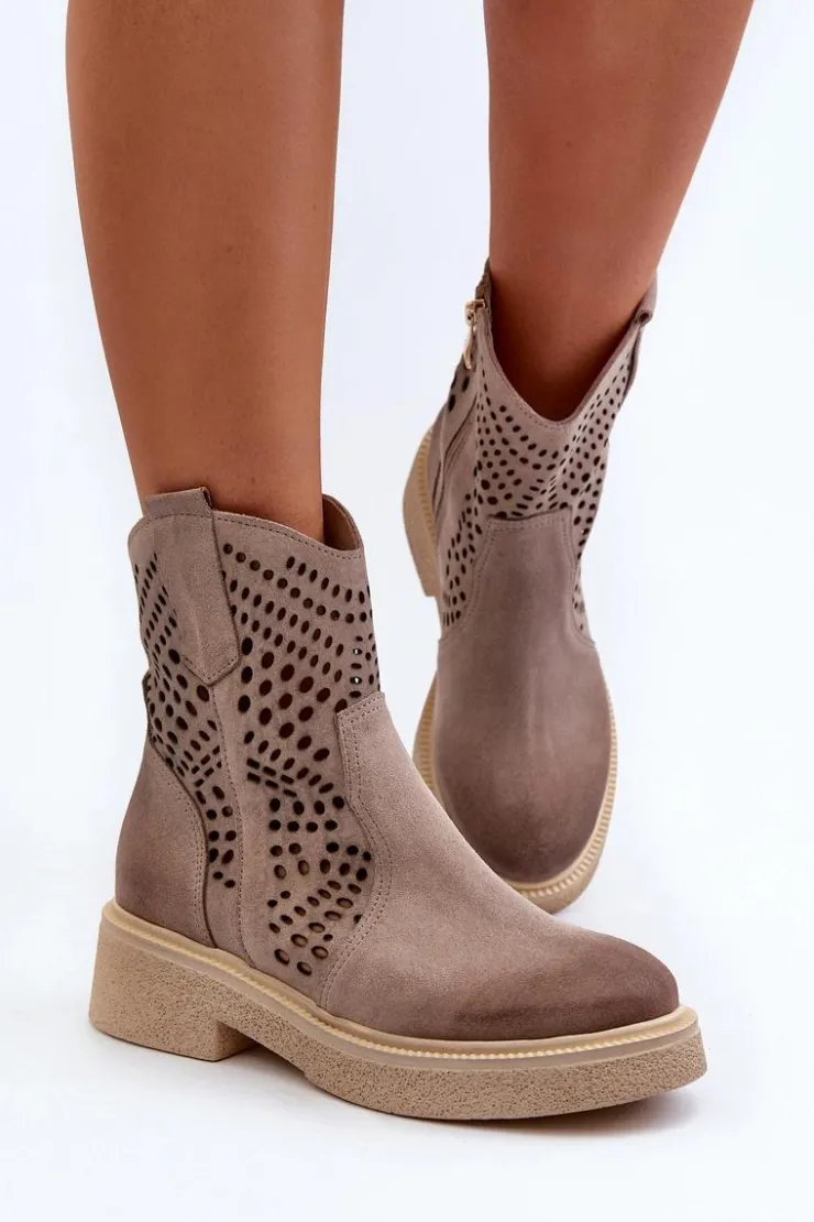 Hot Zazoo 3470 Zamszowe Botki Damskie Na Płaskim Obcasie Ażurowe Cappuccino