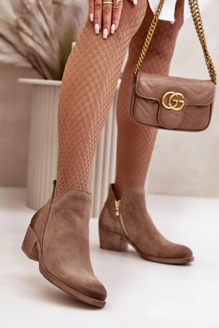 Damskie Zazoo 60475 Zamszowe Botki Damskie Na Niskim Obcasie Ocieplane Ciemnobeżowe