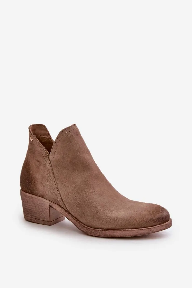 Damskie Zazoo 60475 Zamszowe Botki Damskie Na Niskim Obcasie Ocieplane Ciemnobeżowe