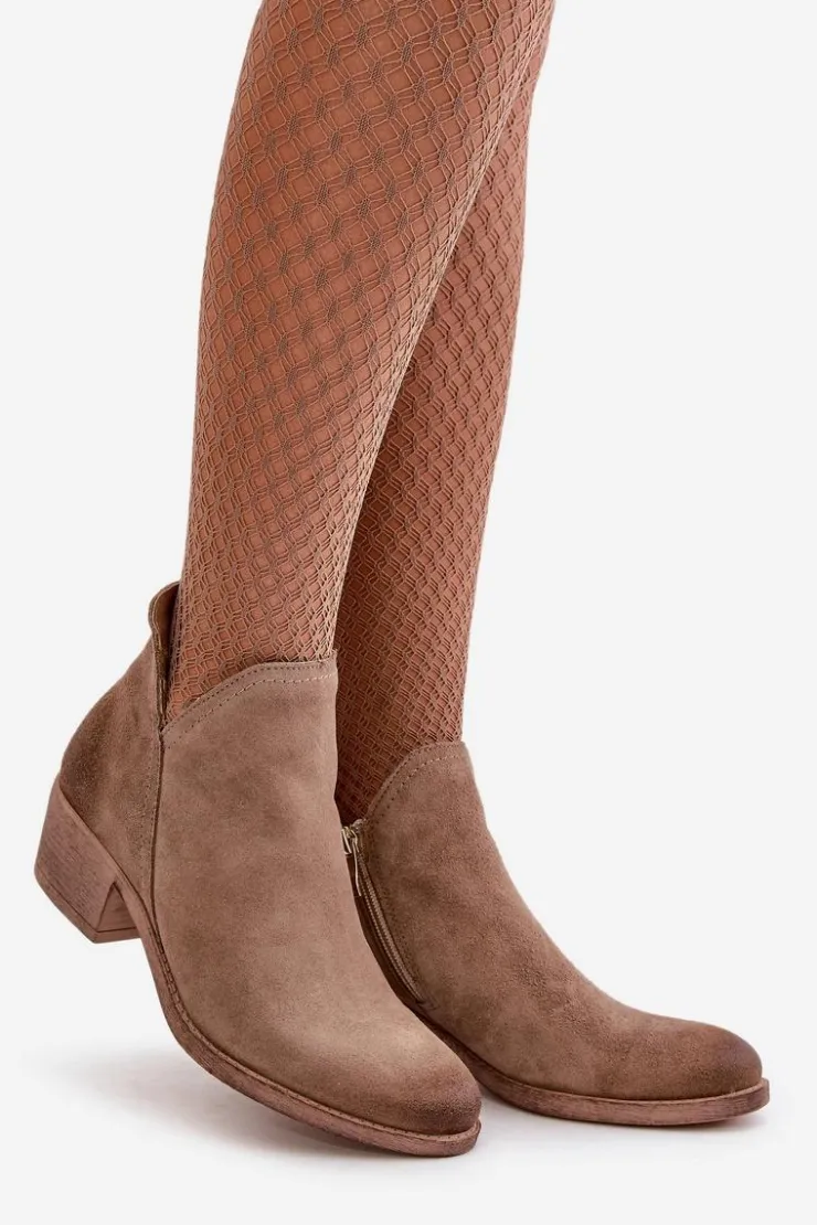 Damskie Zazoo 60475 Zamszowe Botki Damskie Na Niskim Obcasie Ocieplane Ciemnobeżowe