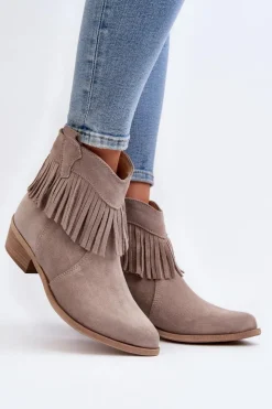 Discount Zazoo 3430 Zamszowe Botki Damskie Z Frędzlami Cappucino