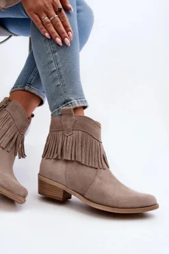 Discount Zazoo 3430 Zamszowe Botki Damskie Z Frędzlami Cappucino