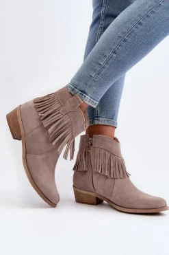 Discount Zazoo 3430 Zamszowe Botki Damskie Z Frędzlami Cappucino