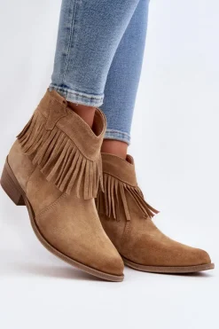 Zazoo Botki Wiosenne|Brązowe I Beżowe Botki*3430 Zamszowe Botki Damskie Z Frędzlami Beżowe