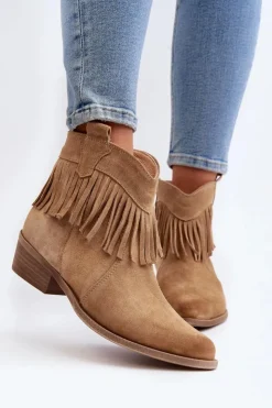 Zazoo Botki Wiosenne|Brązowe I Beżowe Botki*3430 Zamszowe Botki Damskie Z Frędzlami Beżowe