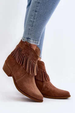 Hot Zazoo 3430 Zamszowe Botki Damskie Z Frędzlami Camel