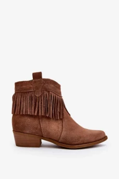 Hot Zazoo 3430 Zamszowe Botki Damskie Z Frędzlami Camel