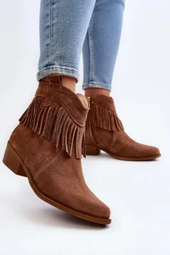 Hot Zazoo 3430 Zamszowe Botki Damskie Z Frędzlami Camel