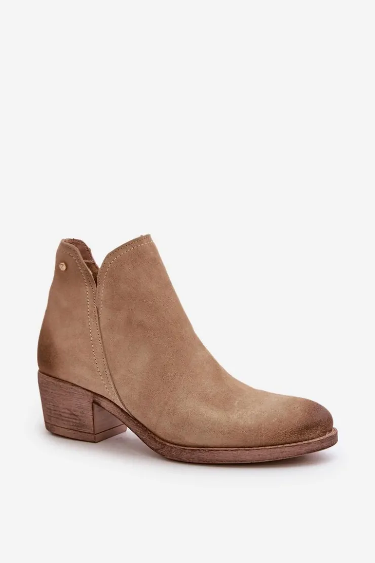 Zazoo Botki Skórzane|Botki Na Słupku*60475 Zamszowe Botki Damskie Na Niskim Obcasie Ocieplane Beżowe