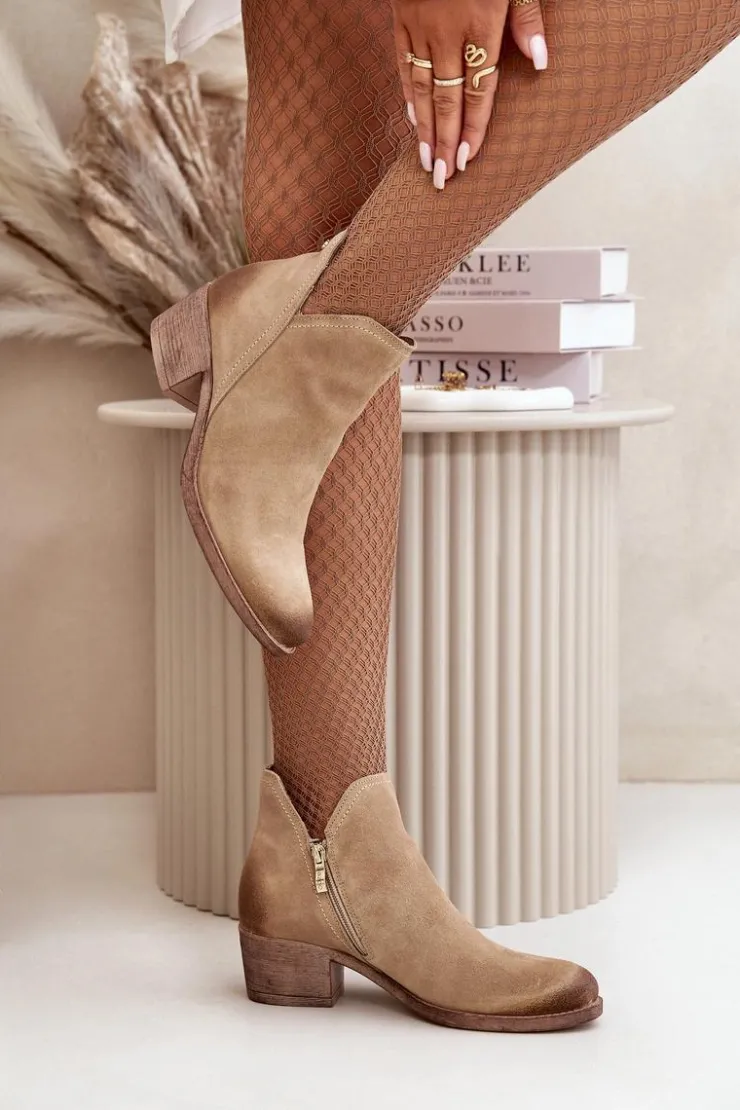Zazoo Botki Skórzane|Botki Na Słupku*60475 Zamszowe Botki Damskie Na Niskim Obcasie Ocieplane Beżowe