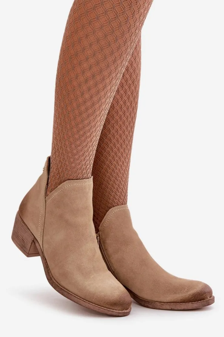 Zazoo Botki Skórzane|Botki Na Słupku*60475 Zamszowe Botki Damskie Na Niskim Obcasie Ocieplane Beżowe